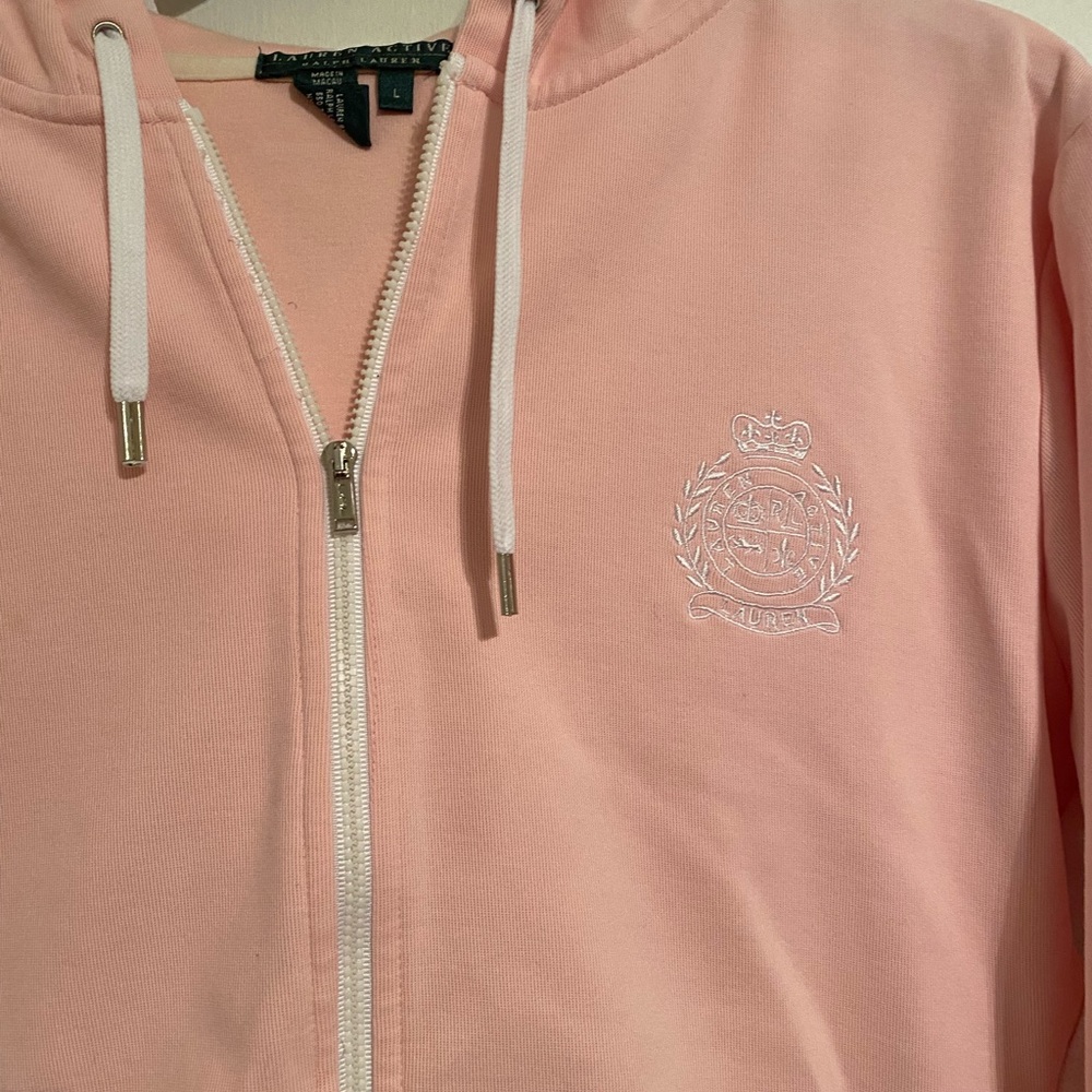 Ralph Lauren Light Pink  and White Zip-Up Hoodie, Logo on Chest, Long Sleeve (L) - Picture 5 of 6